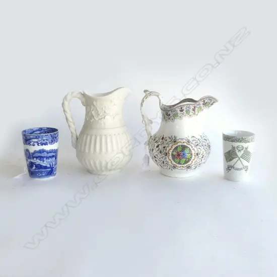 PARIAN WARE JUG H200MM VICT JUG H200MM  & 2 COLLECTORS BEAKERS H100