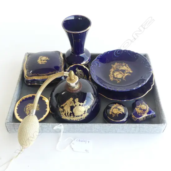 9 PIECES OF SMALL LIMOGE CHINA, BLUE & BLACK