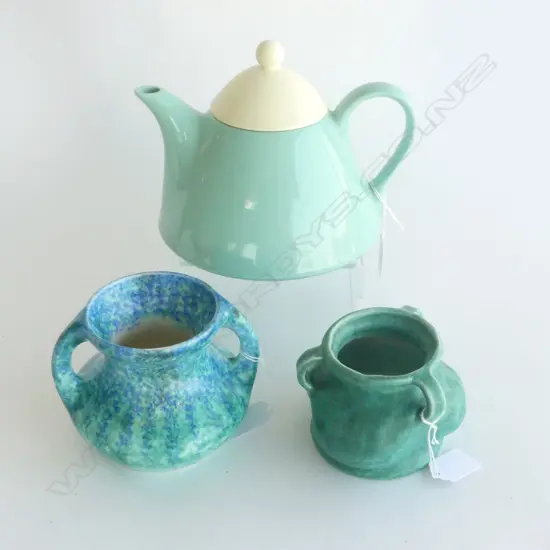 ITALIAN TEAPOT H160MM BRETBY STUDIO POTTERY VASE H80MM & ANOTHER STUDIO POTTERY VASE H100MM