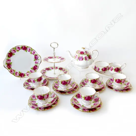 ROYAL ALBERT 'OLD ENGLISH ROSE' TEA SET; 6 TRIOS, TEAPOT (FAULTED), 2 PLATES, STAND, MILK & SUGAR