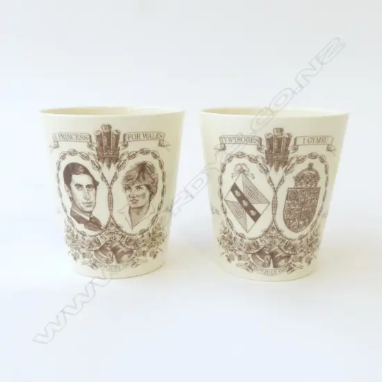 TWO ROYAL DOULTON ROYALTY PRINCE CHARLES & LADY DIANA MARRIAGE BEAKERS 1981, H.95MM, D.85MM