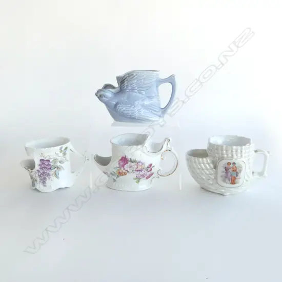 FOUR VICTORIAN SHAVING MUGS – FIGURAL BIRDS, FLORALS, & CLASSICAL SCENE, L.160MM