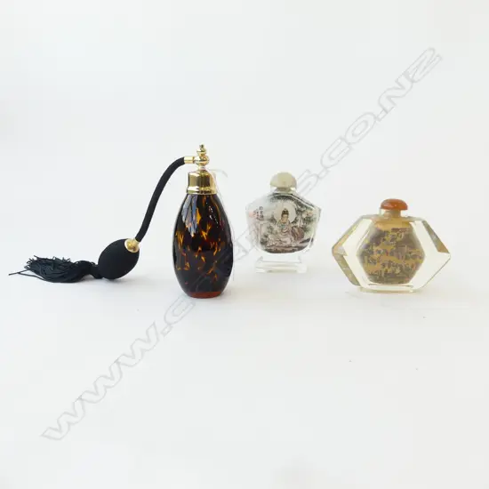 3 GLASS PERFUME BOTTLES; 2 ORIENTAL, 1 TORTOISESHELL H.130mm