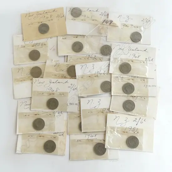 21 x NZ HALF CROWN COINS includes many 1948 in packs on cards