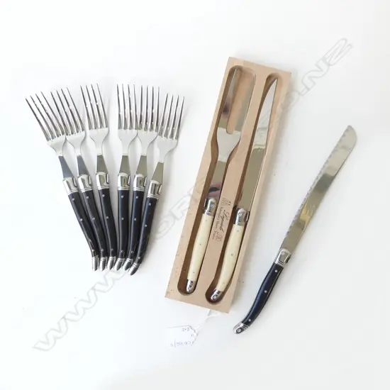 LAGUIOLE CUTLERY; 6 FORKS, BREAD KNIFE, 2 PCE CARVING SET (BOXED)
