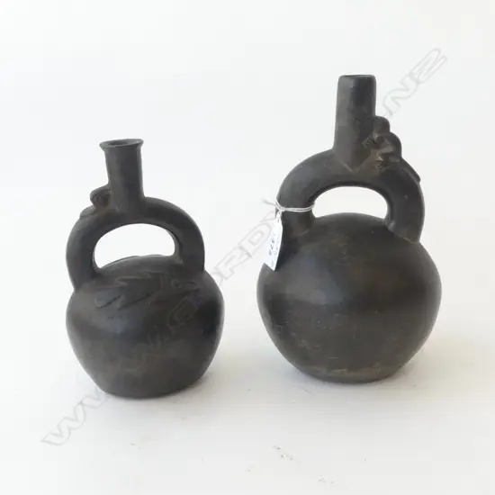 2 reputed Pre-Columbian Moche Chimu Pottery Blackware Figural Vessel Jug Vases. H.210 & 170mm