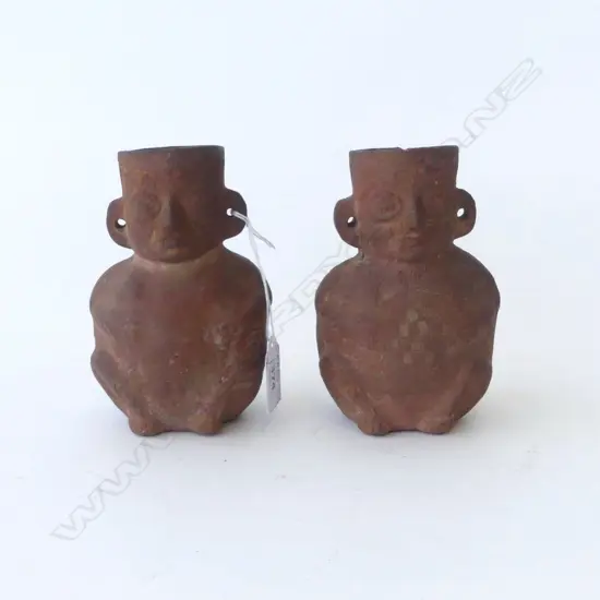 2 Reputed pre-columbian seated figured terracotta pots. Labelled 'AS PER ....