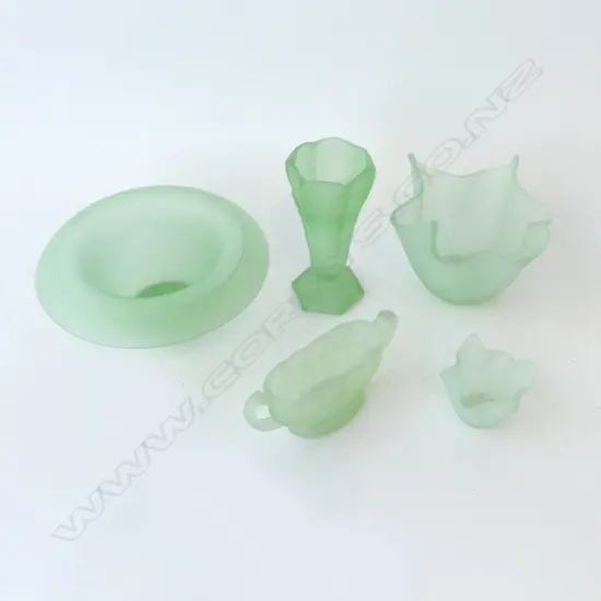 5 GREEN DEPRESSION WARE FROSTED GLASS VASES