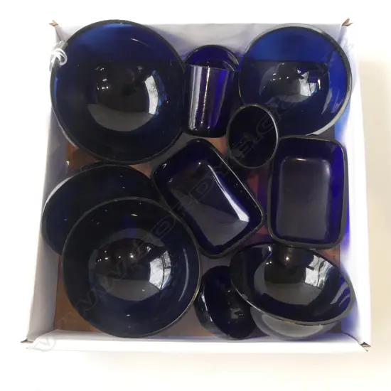 ELEVEN VINTAGE COBALT BLUE GLASS BOWLS & LINERS, L.45MM-100MM