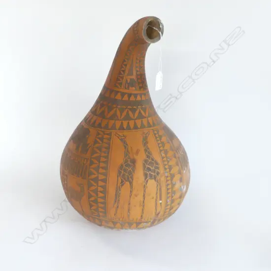 LARGE AFRICAN GOURD DECORATED WITH TRIBAL ANIMALS, L.470MM