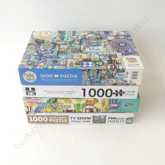 FOUR 1000PC JIGSAW PUZZELS – PORTOFINO, TV SHOW PUNS, HAPPY HOUR & BLUE
