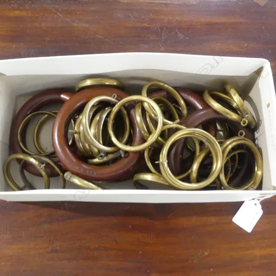CURTAIN RINGS; 6 LG WOODEN 110mm dia, 33 BRASS 60mm dia