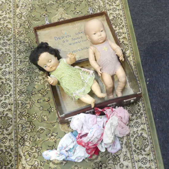 2 VINTAGE RUBBER DOLLS + CLOTHES + TRAVEL CASE