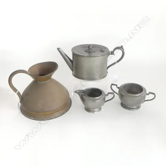PEWTER TEAPOT  PEWTER CREAM & SUGAR  & COPPER  MEASURE JUG H160MM