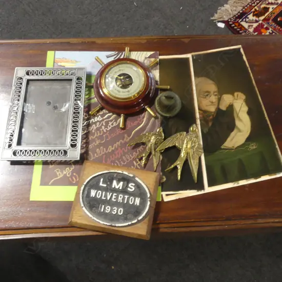 SMALL BOX OF 9 COLLECTABLES POSTER OILIOGRAPHS WALL SWALLOWS BAROMETER BELL ETC