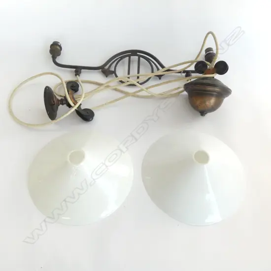 OLD NOUVEAU STYLE DOUBLE RISE AND FALL LIGHT WITH WHITE 'CHINESE HAT' ORIGINAL GLASS SHADES