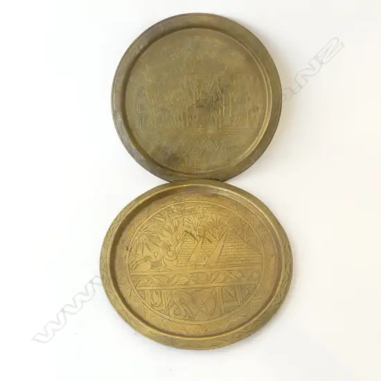 TWO VINTAGE EQYPTIAN BRASS ENGRAVED TRAYS, D.310MM