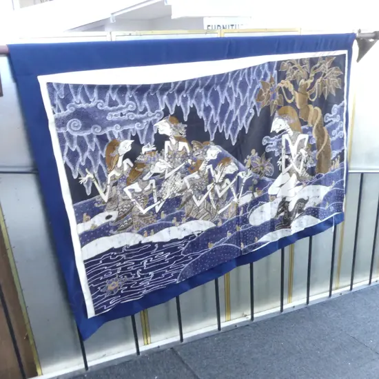 LARGE HANDMADE JAVANESE BATIK PANEL multiple stylised figures 900 x 1600mm signed. On blue cotton backing (4)