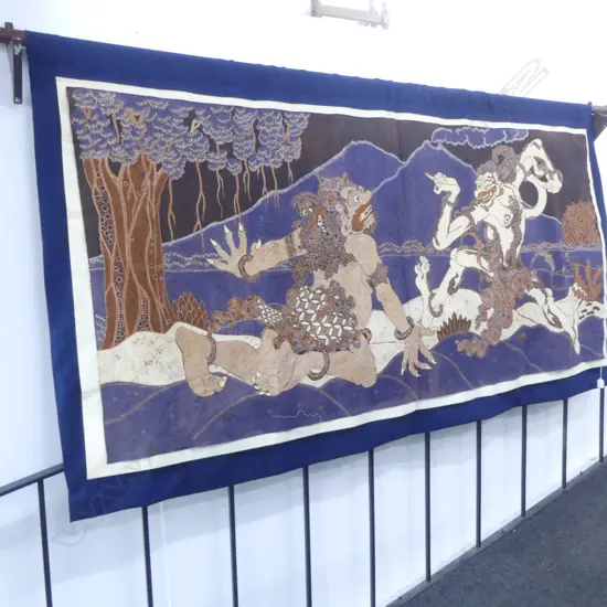 LARGE HANDMADE JAVANESE BATIK PANEL 2 MYTHICAL DEMON FIGURES 900 x 2000mm signed SYOND YOGYA? On blue cotton backing (3)