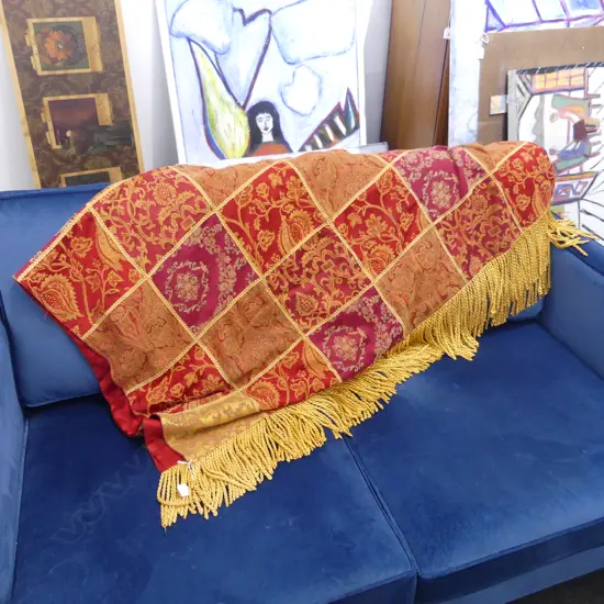 RED TABLE COVER w. GOLD FRINGE