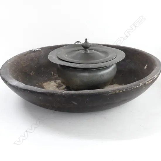 ANTIQUE LIDDED PEWTER VESSEL H100mm & LARGE WOODEN FRUIT BOWL W480mm some faults