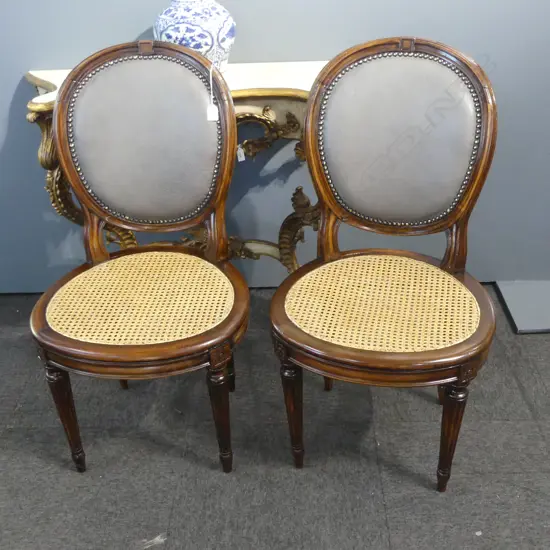 PR ANTIQUE FRENCH CHAIRS, CANED SEAT, LEATHER BACK, REFINISHED