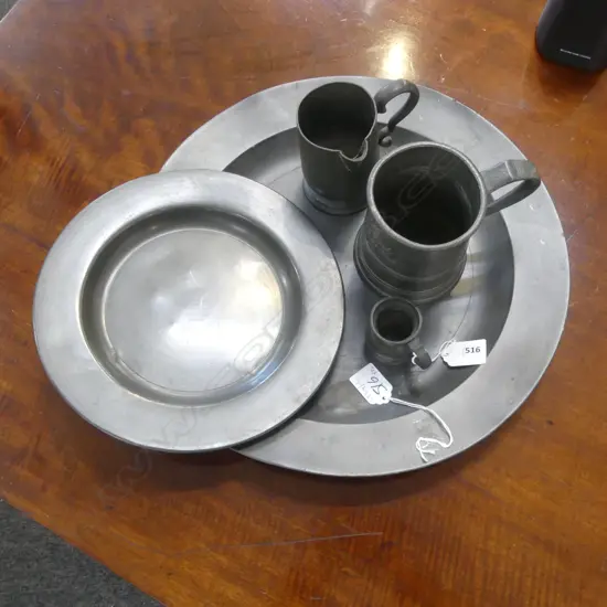 5PC ANTIQUE ENGLISH PEWTER LONDON TOUCH MARKS CHARGER DIA370MM PLATE DIA260MM PINT MUG H110MM JUG H100 & ONE THIRD GILL