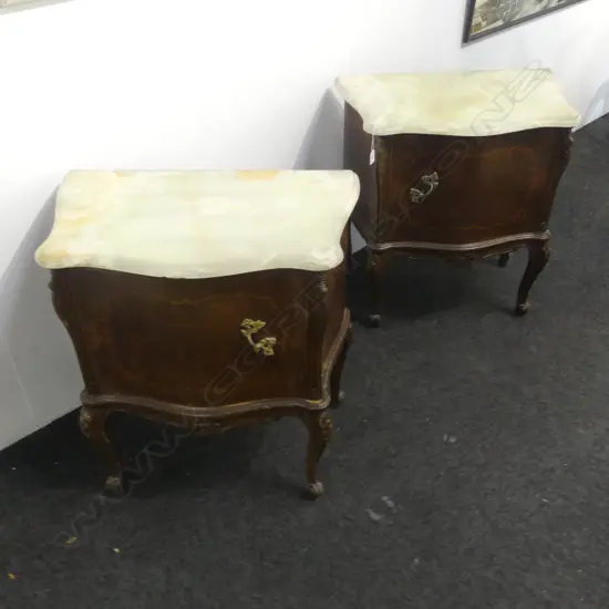 PR FRENCH STYLE BEDSIDE CABINETS (ONYX TOP w. FAULTS & MINOR BORER) W.640mm