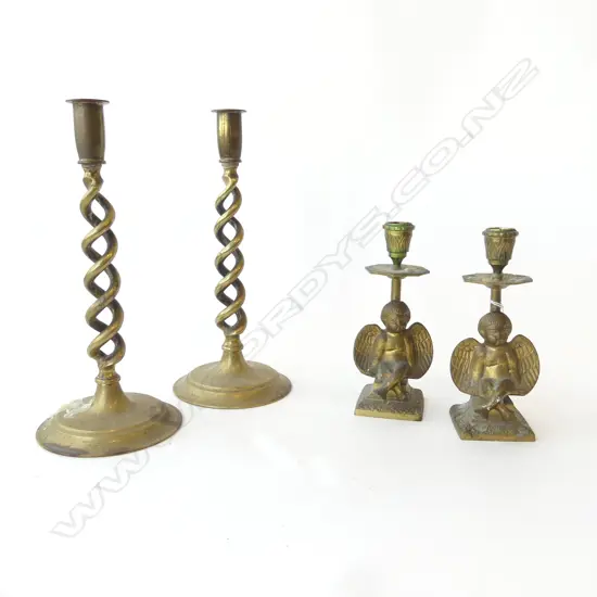 2 PRS BRASS CANDLESTICKS; BARLEY TWIST H.300mm, ANGELS H.195mm
