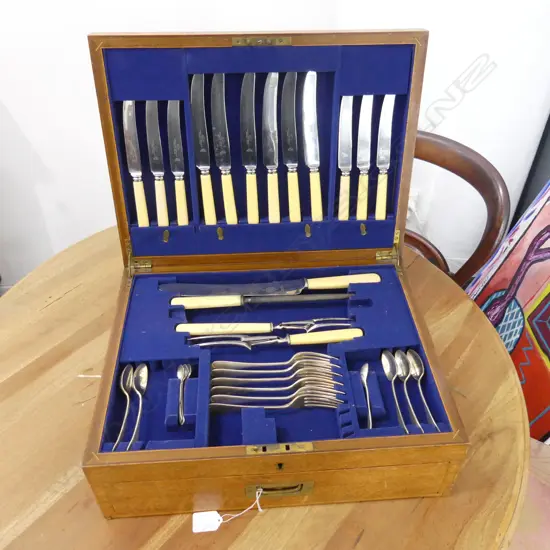 BOXED BLOND OAK CUTLERY SET, NICKEL CUTLERY BY JWS,  FRIEZE DRAWER, INCOMPLETE 