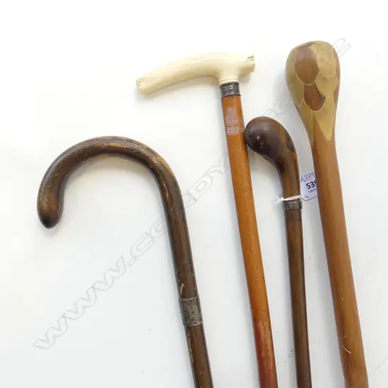 4 WALKING STICKS; 1 w. BONE HANDLE L.930mm