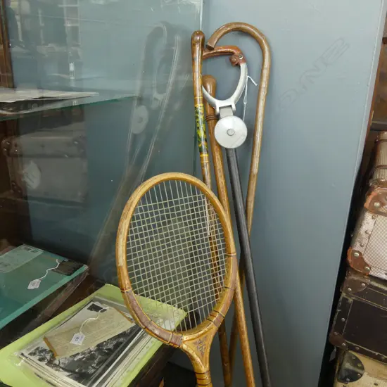 3 WALKING STICKS, SHOOTING STICK & TENNIS RACKET