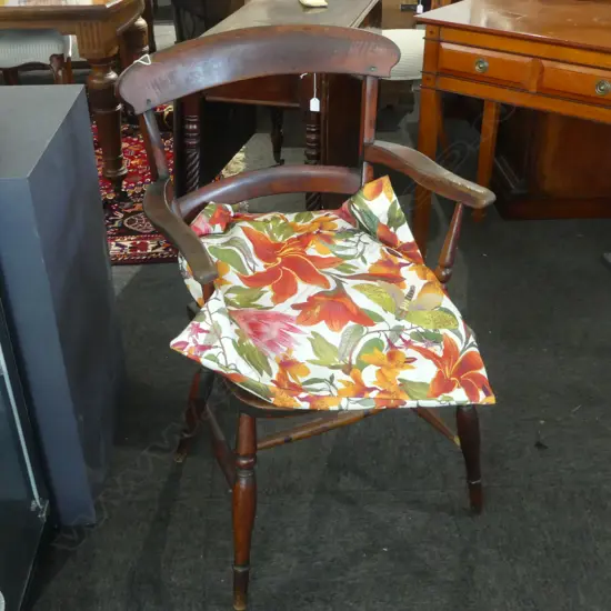 WOODEN ARMCHAIR & FLORAL CUSHION