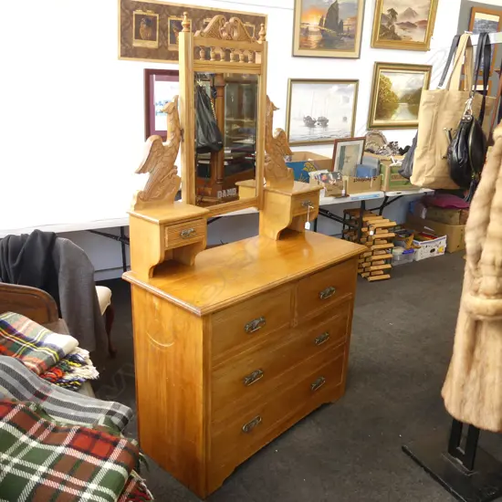 COLONIAL DRESSING TABLE bird carved supports to the swing mirror