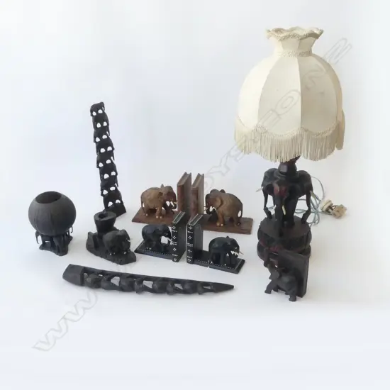 COLLECTION OF 8 ELEPHANT WOOD CARVED PCS LAMP BOOKENDS ETC