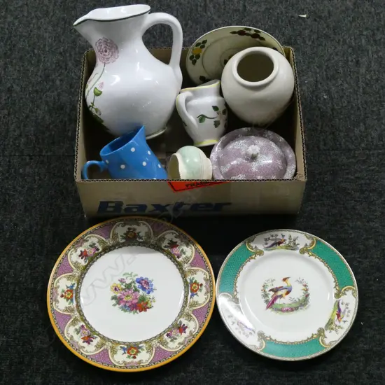 BOX OF CHINA JUGS PLATES ETC 