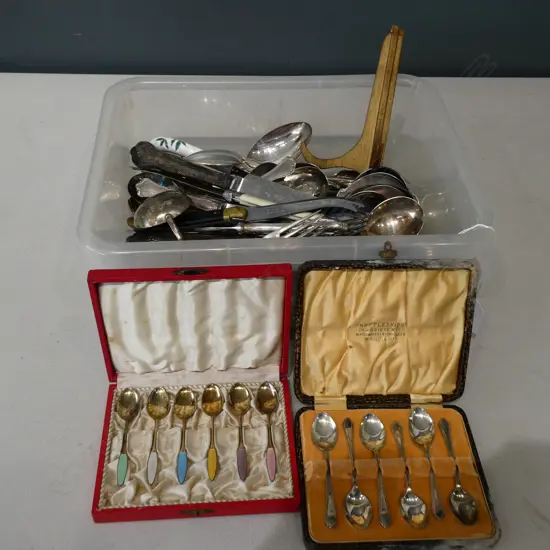 ASST. EP CUTLERY ETC, MOSTLY DANISH + SET 6 SILVER GILT & ENAMEL TEASPOONS, CASED