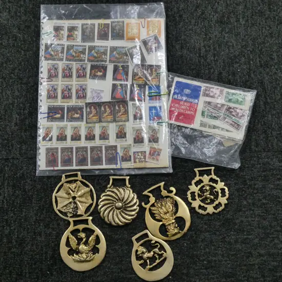 6 HORSE BRASSES & MISC NZ HEALTH & CHRISTMAS STAMPS