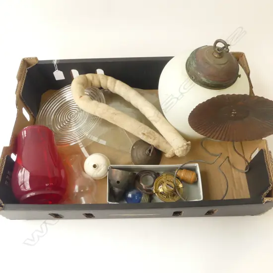 BOX – OLD GLASS LAMP CHIMNEYS, THICK WICK, LIGHT & LAMP FITTINGS