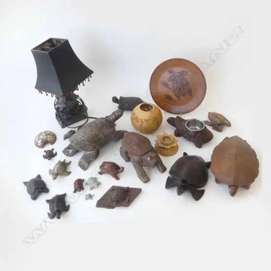 COLLECTION OF 20 TURTLE RELATED CARVINGS LAMPS ETC