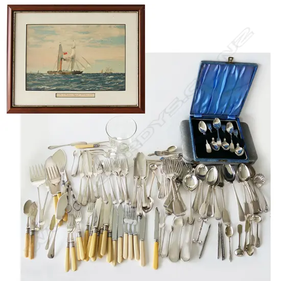 ASST EP CUTLERY, INC. FISH, SERVERS, TONGS, IVORINE HANDLES + GEORGIAN-STYLE GLASS RUMMER & SHIP PRINT