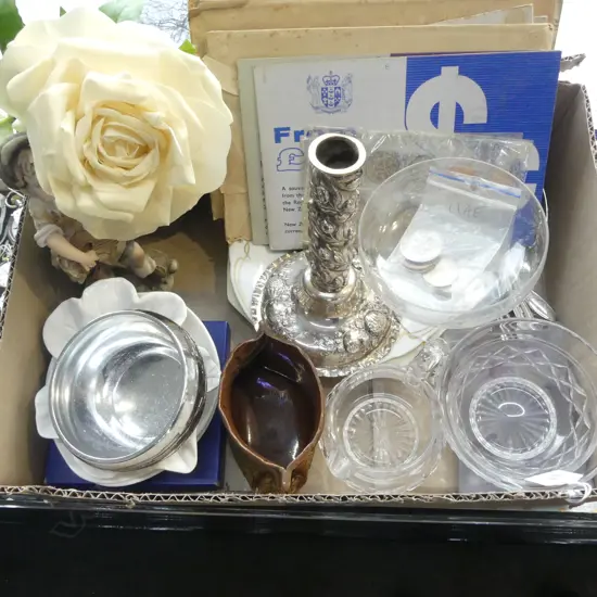 BOX CHINA CRYSTAL GLASS COINS ETC