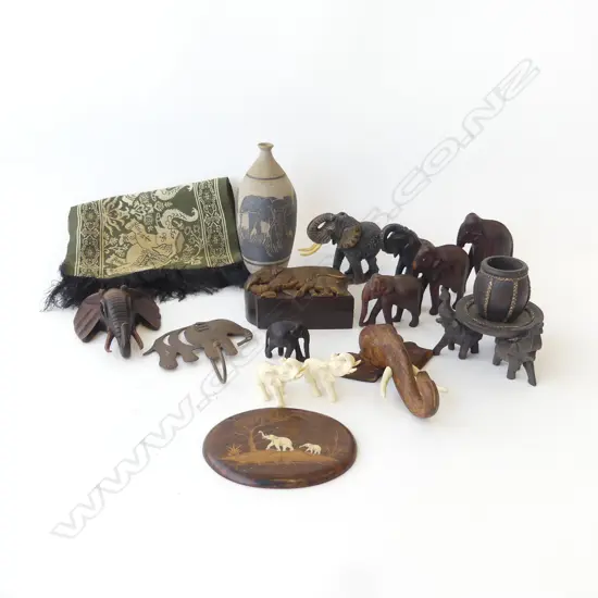 COLLECTION OF 16 ELEPHANT RELATED CARVINGS POTTERY CLOTH ETC