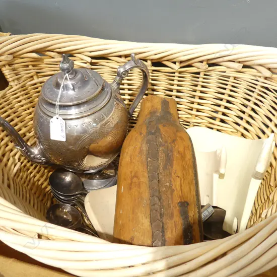 WOVEN CANE BASKET + c1900 S/PLATE COFFEE POT + 3 RHINO + WOODEN VASE. S/PLATE ETC