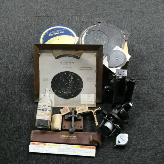 ASST. ITEMS; TELEGRAPH KEY?, BOTTLE, PLANISPHERES ETC