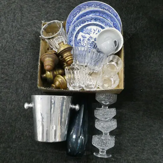 DRINKING GLASSES, CHAMPAGNE BUCKET, METAL CURTAIN POLE ENDS ETC