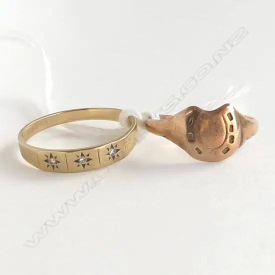 9ct Y/G BAND WITH DIAMONDS SIZE P & 9CT ROSE GOLD SIGNET RING SIZE N 3.05gms