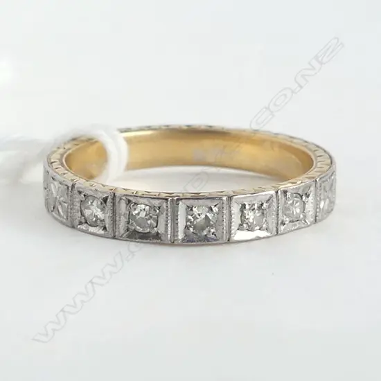 18CT Y& W GOLD  5 DIAMOND SET BAND  5.20gms SIZE R