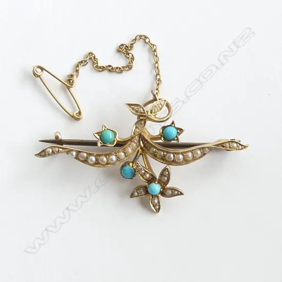 14ct ANTIQUE PEARL & TURQUOISE BROOCH 3.9gm