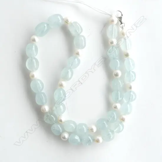 AQUAMARINE & PEARL SILVER CLASPED NECKLACE